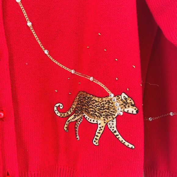 Marisa Christina Leopard Leash Beaded Cardigan Sweater Womens Size Medium Red - Picture 2 of 5